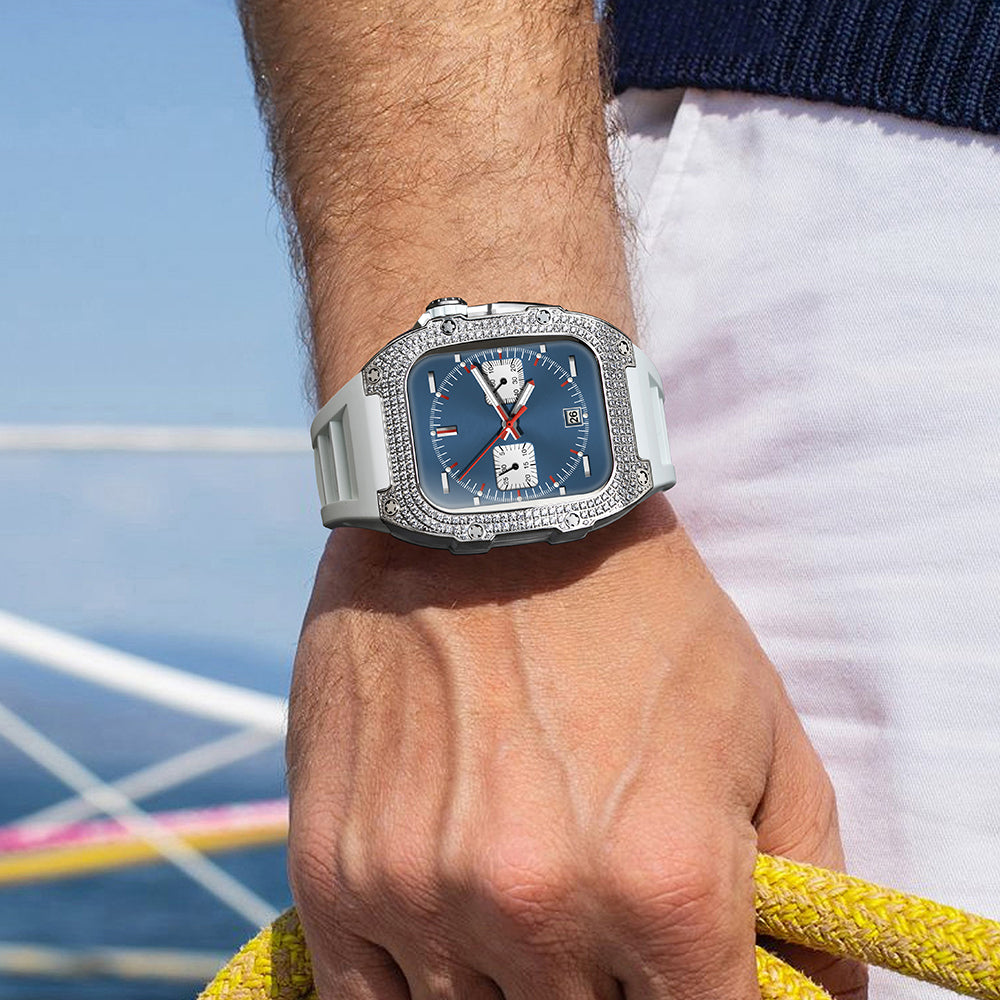 Kit de actualización de caja de acero inoxidable 316L con circonita 5A y correa de fluoroelastómero LUX9009 para Apple Watch