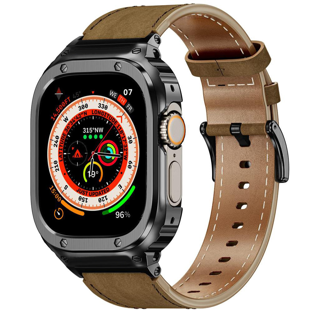 LUX7009 Caja de acero inoxidable con correa de cuero para Apple Watch