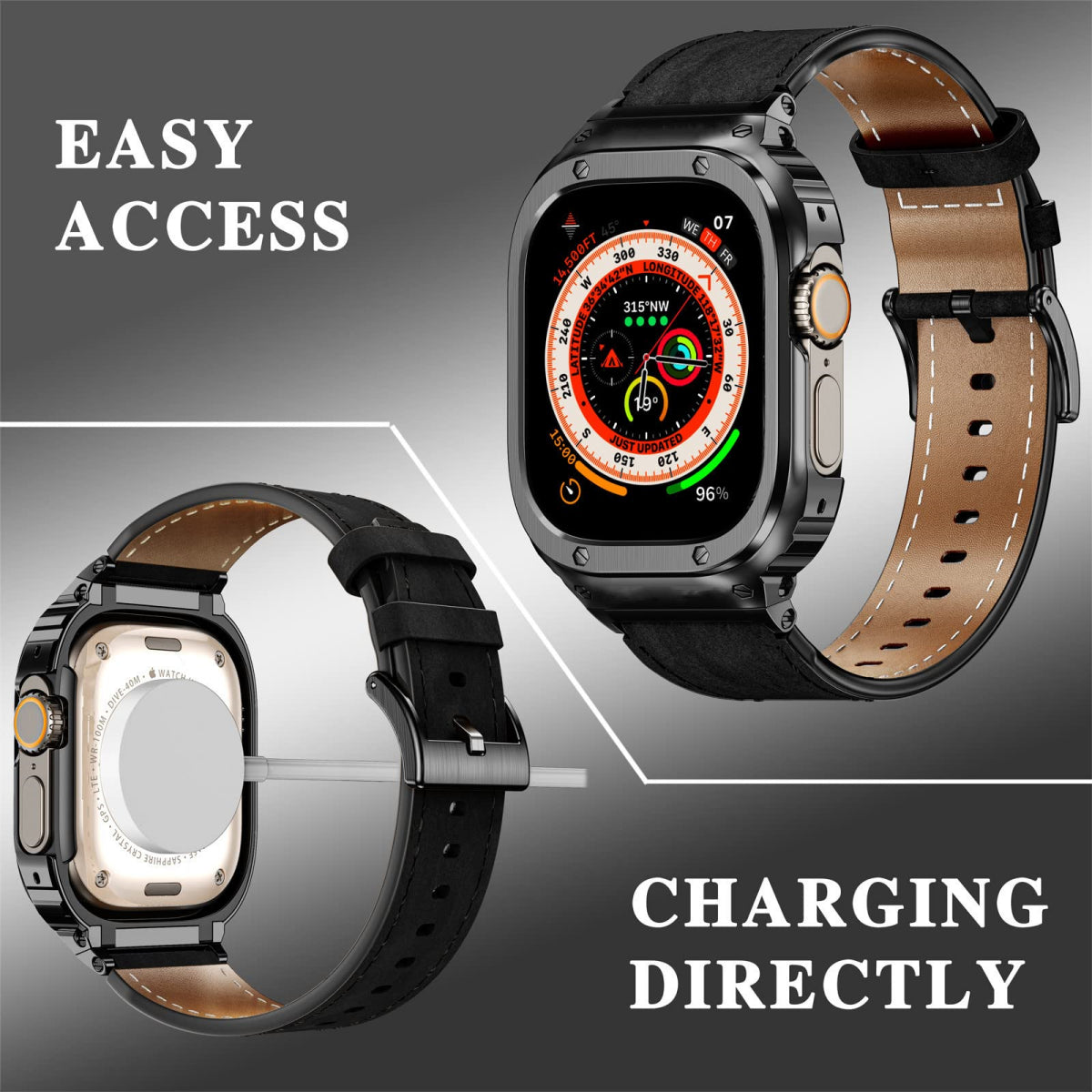 LUX7009 Caja de acero inoxidable con correa de cuero para Apple Watch