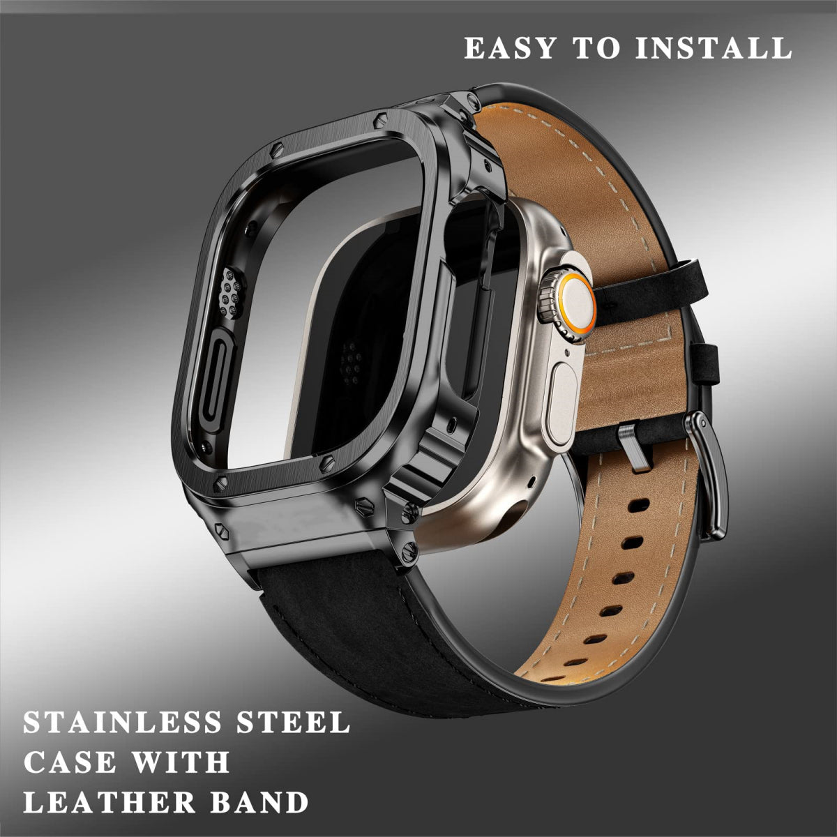 LUX7009 Caja de acero inoxidable con correa de cuero para Apple Watch