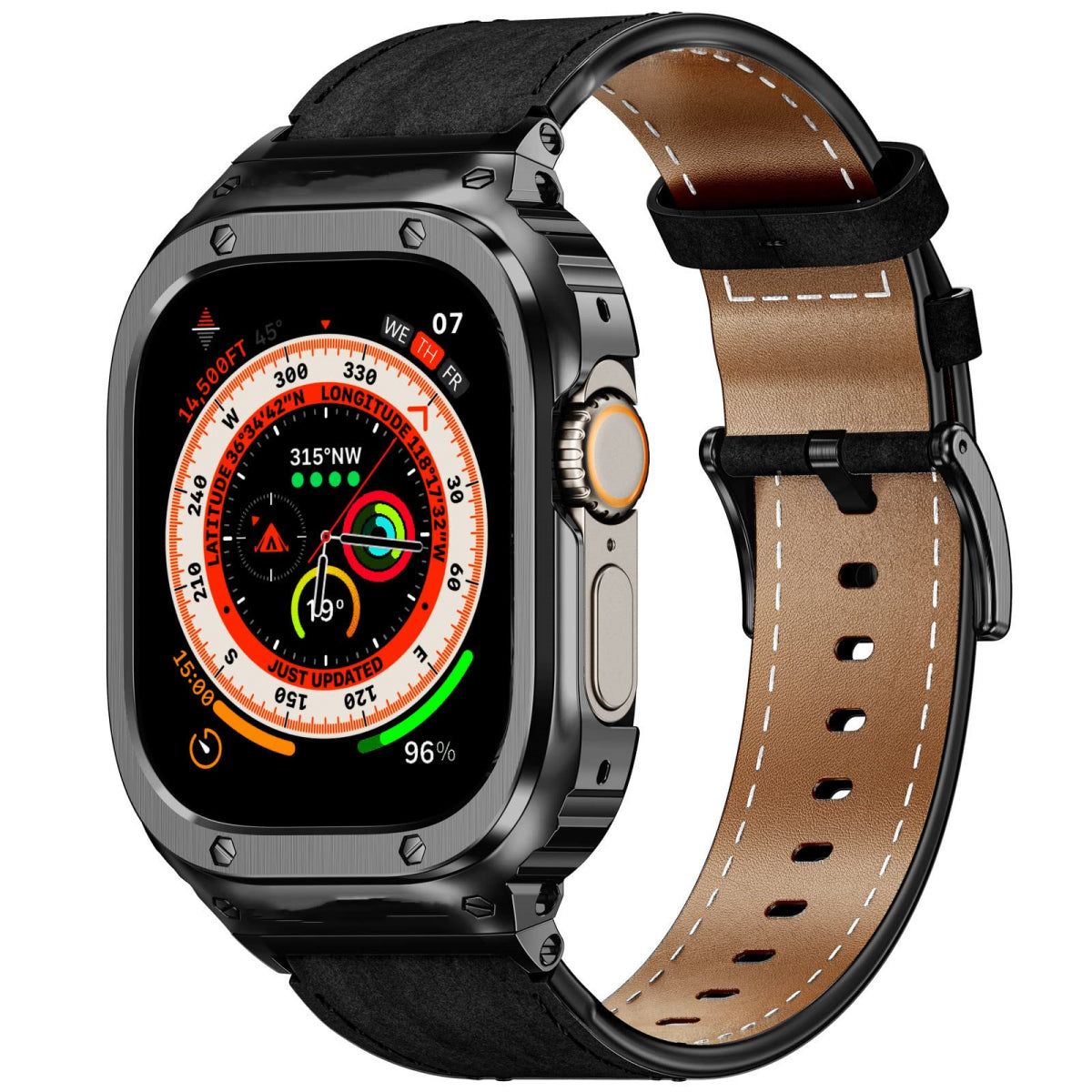 LUX7009 Caja de acero inoxidable con correa de cuero para Apple Watch