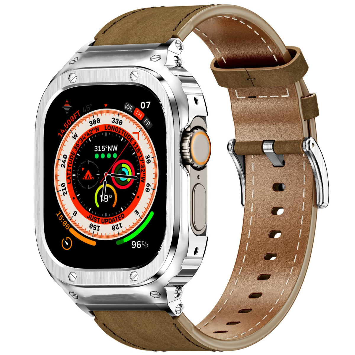 LUX7009 Caja de acero inoxidable con correa de cuero para Apple Watch