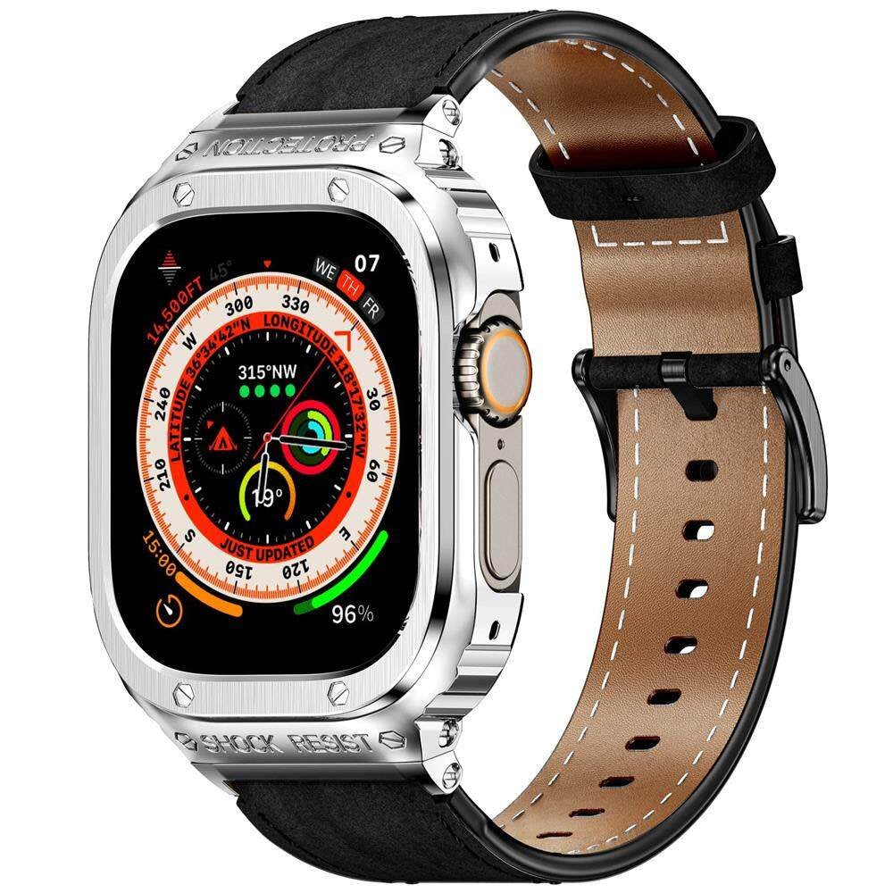 LUX7009 Caja de acero inoxidable con correa de cuero para Apple Watch