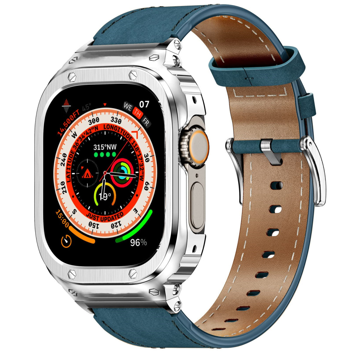 LUX7009 Caja de acero inoxidable con correa de cuero para Apple Watch